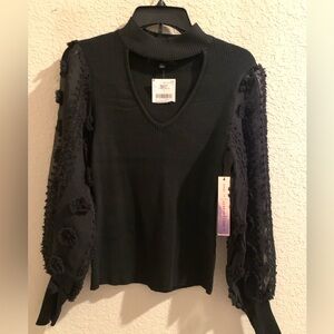 Almost Famous Ribbed Knit Sweater Sheer Floral Long Puff Sleeve Womens L Black